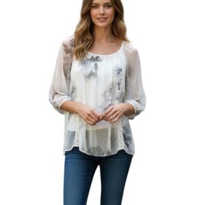 Viola Borghi Silk Sheer Floral Long Sleeve Blouse Medium White Grey Ethereal